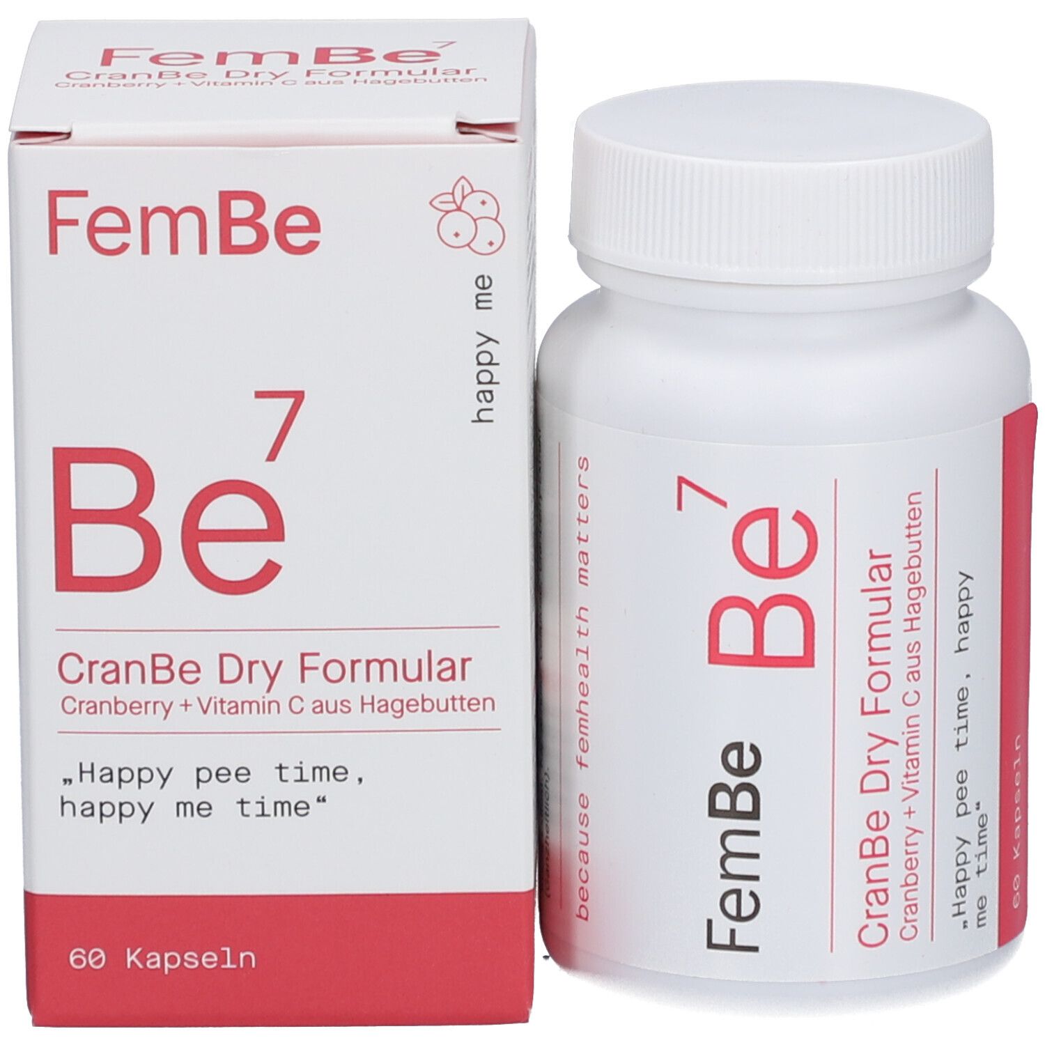Produktverpackung und Flasche. Aufschrift: FemBe 7, CranBe Dry Formular. Enthält Cranberry und Vitamin C. 60 Kapseln.