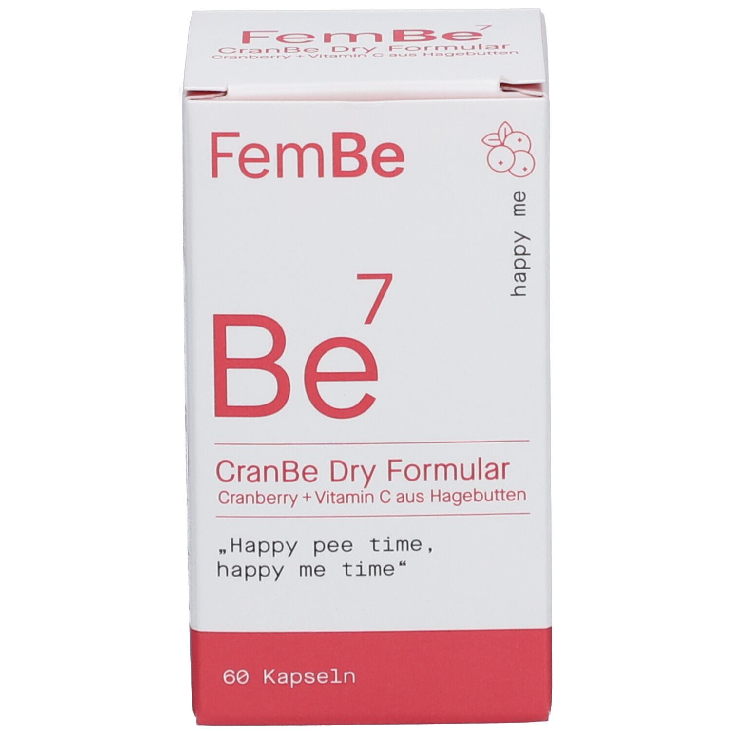 Produktverpackung. Aufschrift: FemBe 7, CranBe Dry Formular. Enthält Cranberry und Vitamin C. 60 Kapseln.