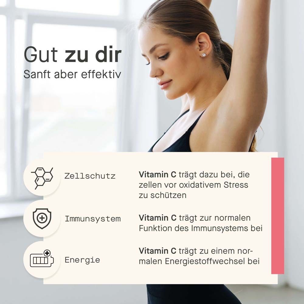 Frau mit Arm. Text: Vitamin C trägt zum Schutz vor oxidativem Stress bei. Energie.