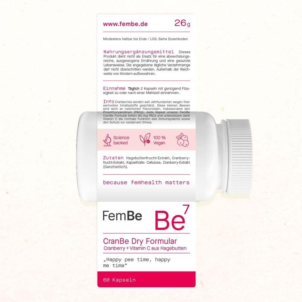 FemBe Be7 CranBe Dry Formular Flasche. Text auf Etikett. Zutaten, Dosierung, Nährwertangaben.