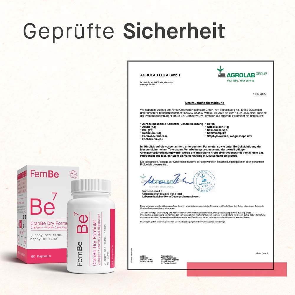 FemBe Be7 CranBe Dry Formular Flasche und Schachtel. Text: Geprüfte Sicherheit. Zertifikat.
