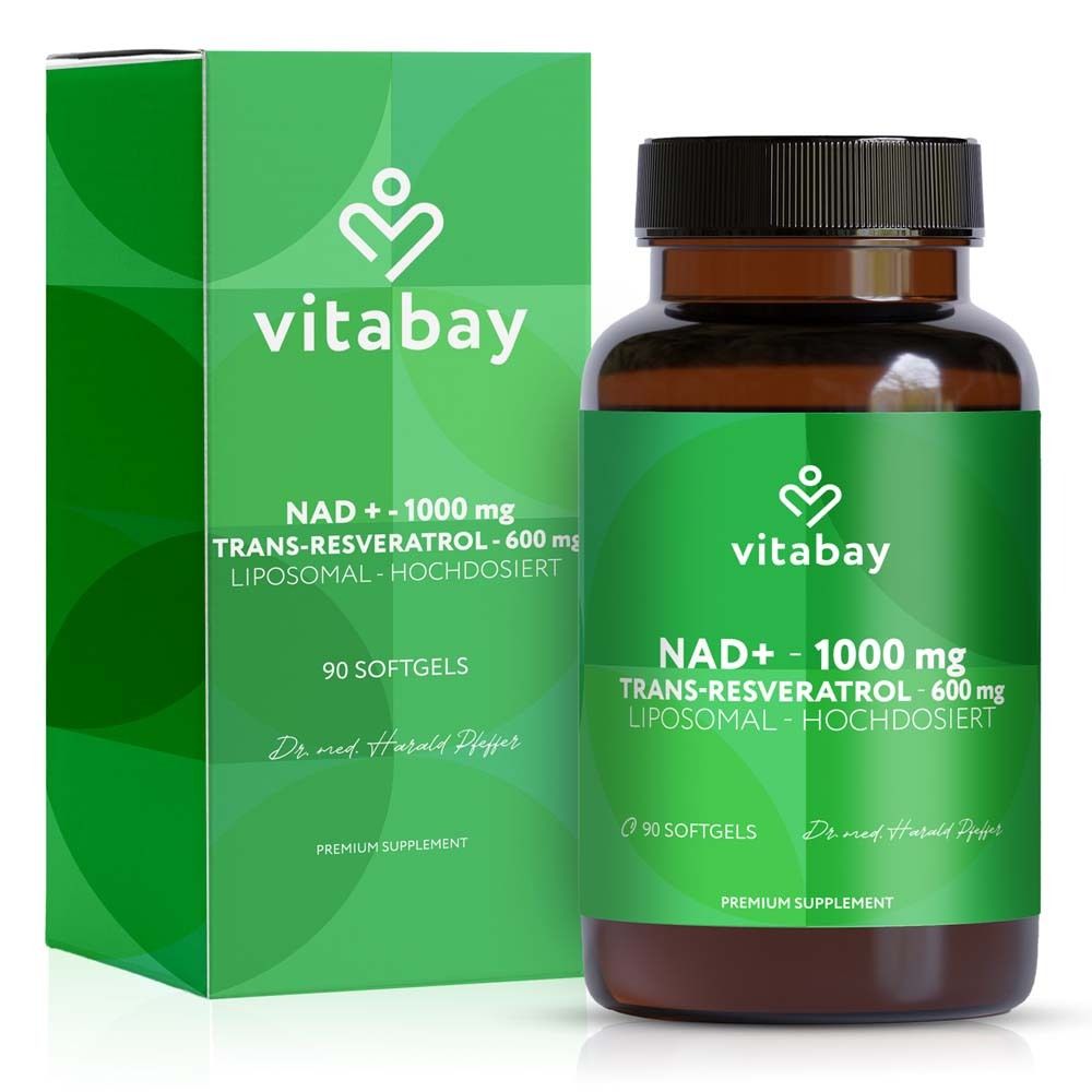 Grüne Verpackung und braune Flasche. Text: Vitabay, NAD+ 1000 mg, Trans-Resveratrol 600 mg, 90 Softgels.