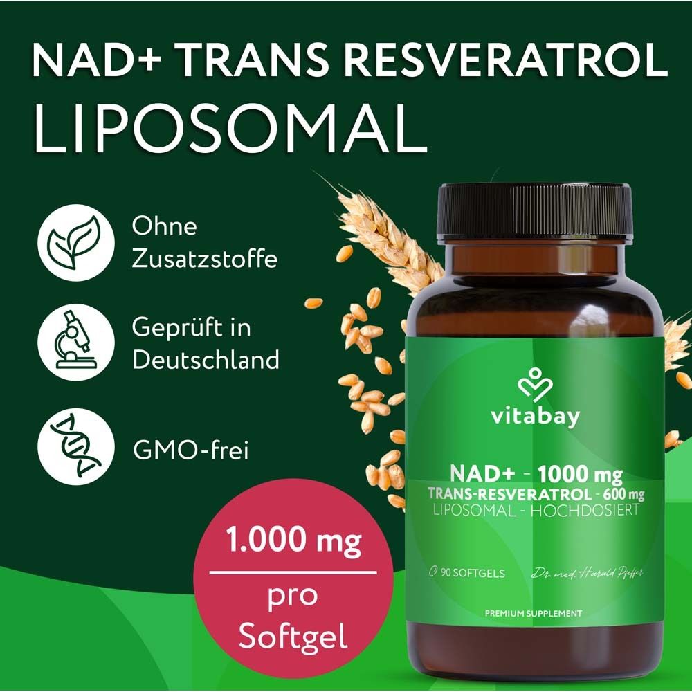Braune Flasche mit Text: Vitabay, NAD+ 1000 mg, Trans-Resveratrol 600 mg, 90 Softgels. Pfeile.