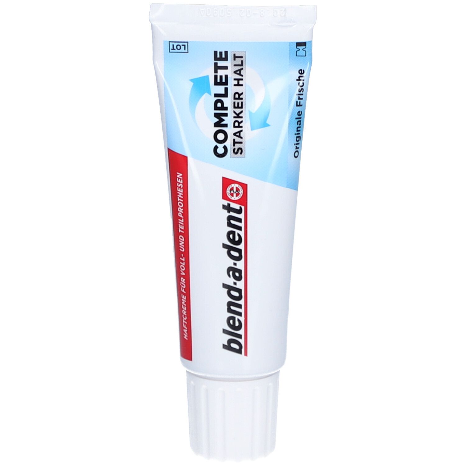 Zahnprothesen-Haftcreme-Tube. Weiß, blau und rot. "COMPLETE Starker Halt". "Originale Frische".