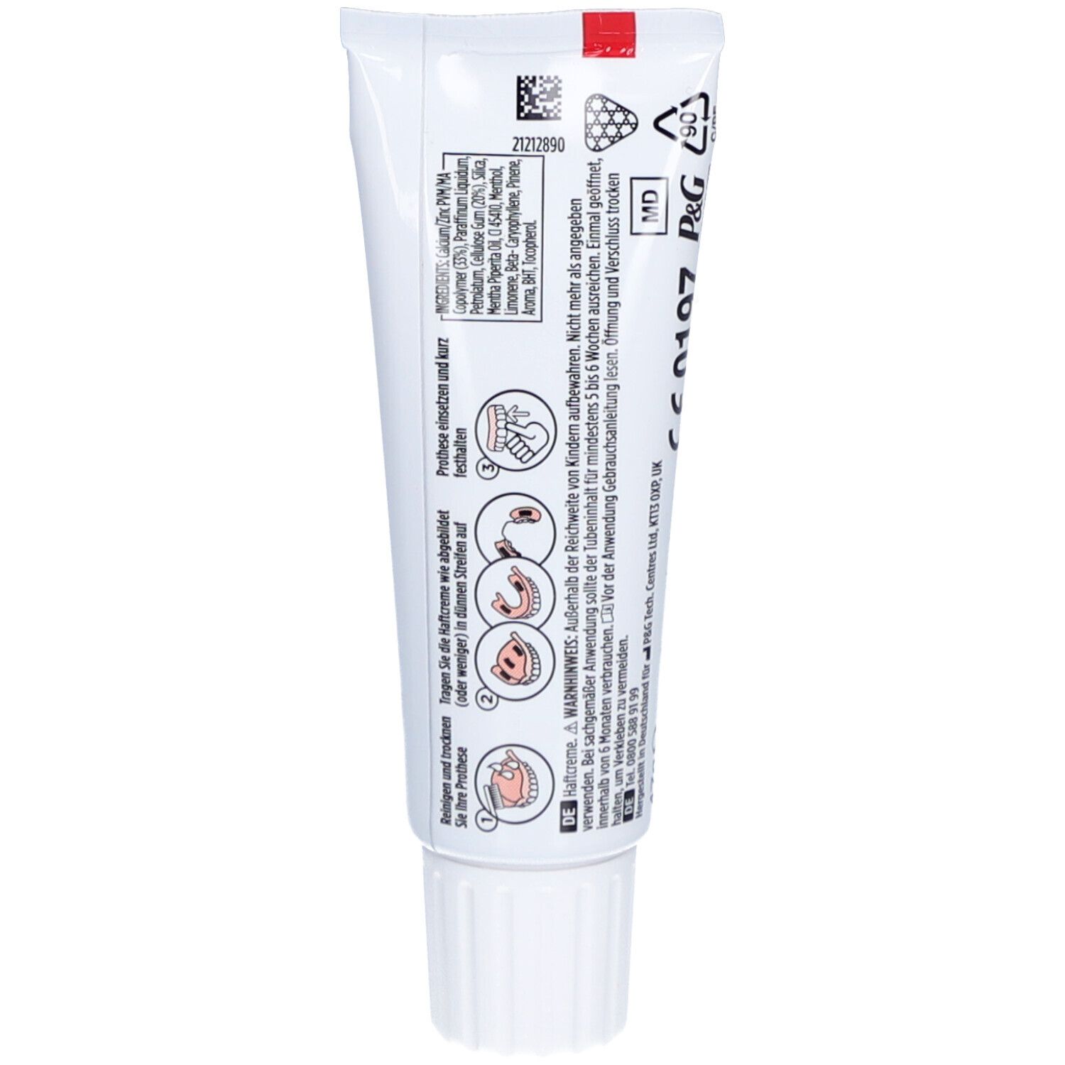 Rückseite der Haftcreme-Tube. Text und Piktogramme. Inhaltsstoffe, Warnhinweise, Herstellerinformationen.