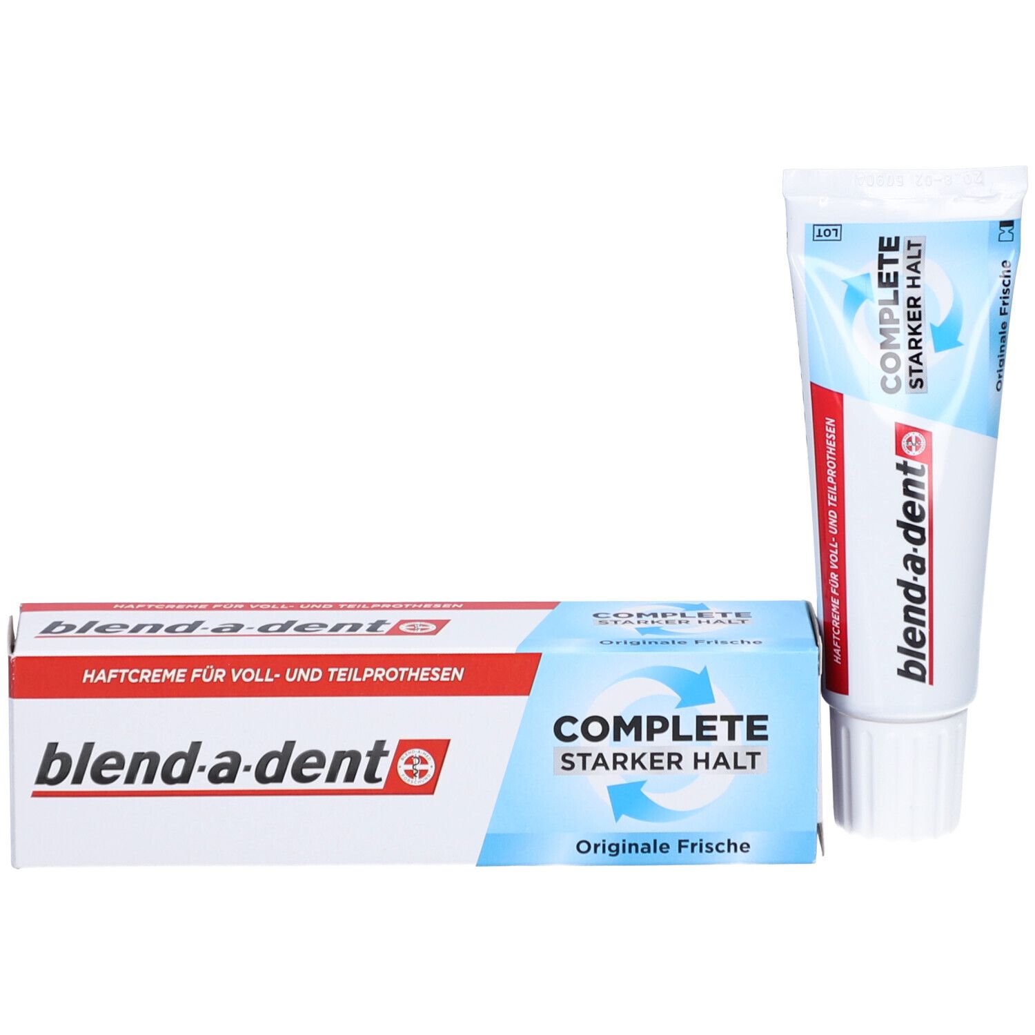 Packung und Tube Haftcreme. Packung: blau, weiß, rot. Tube: weiß, blau, rot. "COMPLETE Starker Halt".