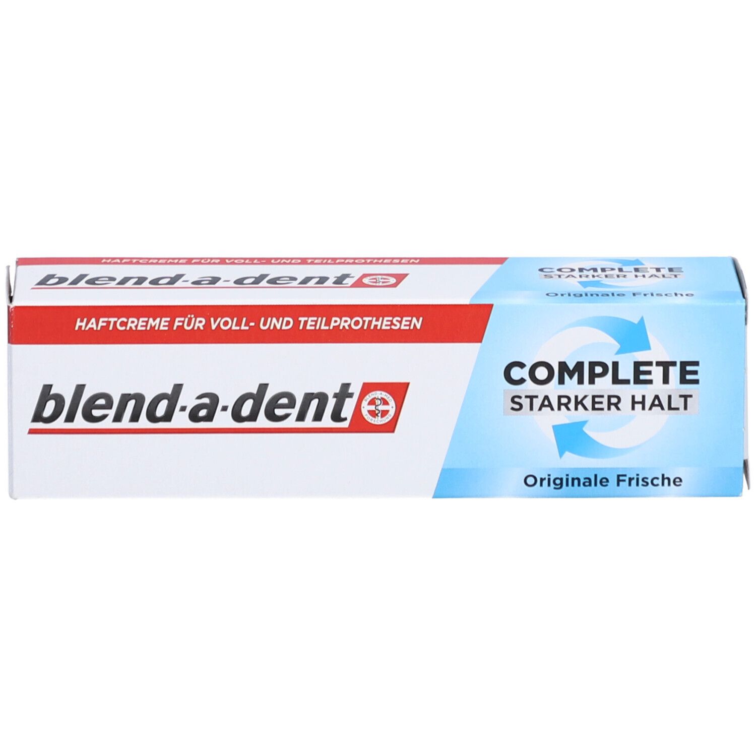 Haftcreme-Packung. Blau, weiß, rot. "COMPLETE Starker Halt". Text: "Haftcreme für Voll- und Teilprothesen".