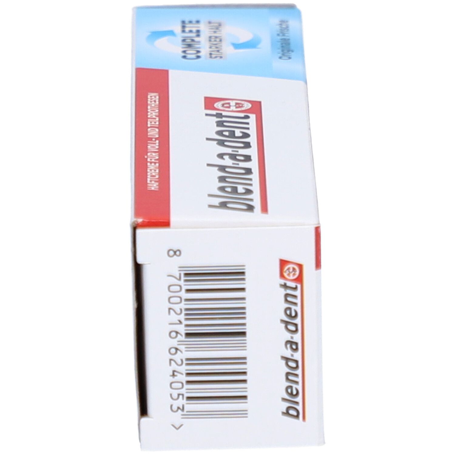 Haftcreme-Packung, Seitenansicht. Blau, weiß, rot. Barcode und Text. "Haftcreme für Voll- und Teilprothesen".