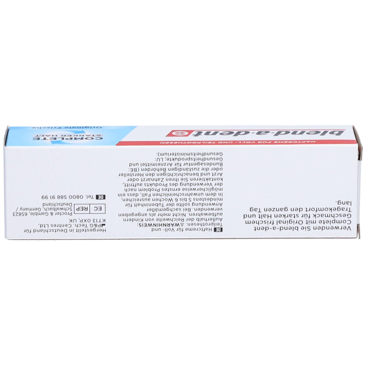Haftcreme-Packung, Seitenansicht. Text und Logo. "Haftcreme für Voll- und Teilprothesen". Herstellerinformationen.