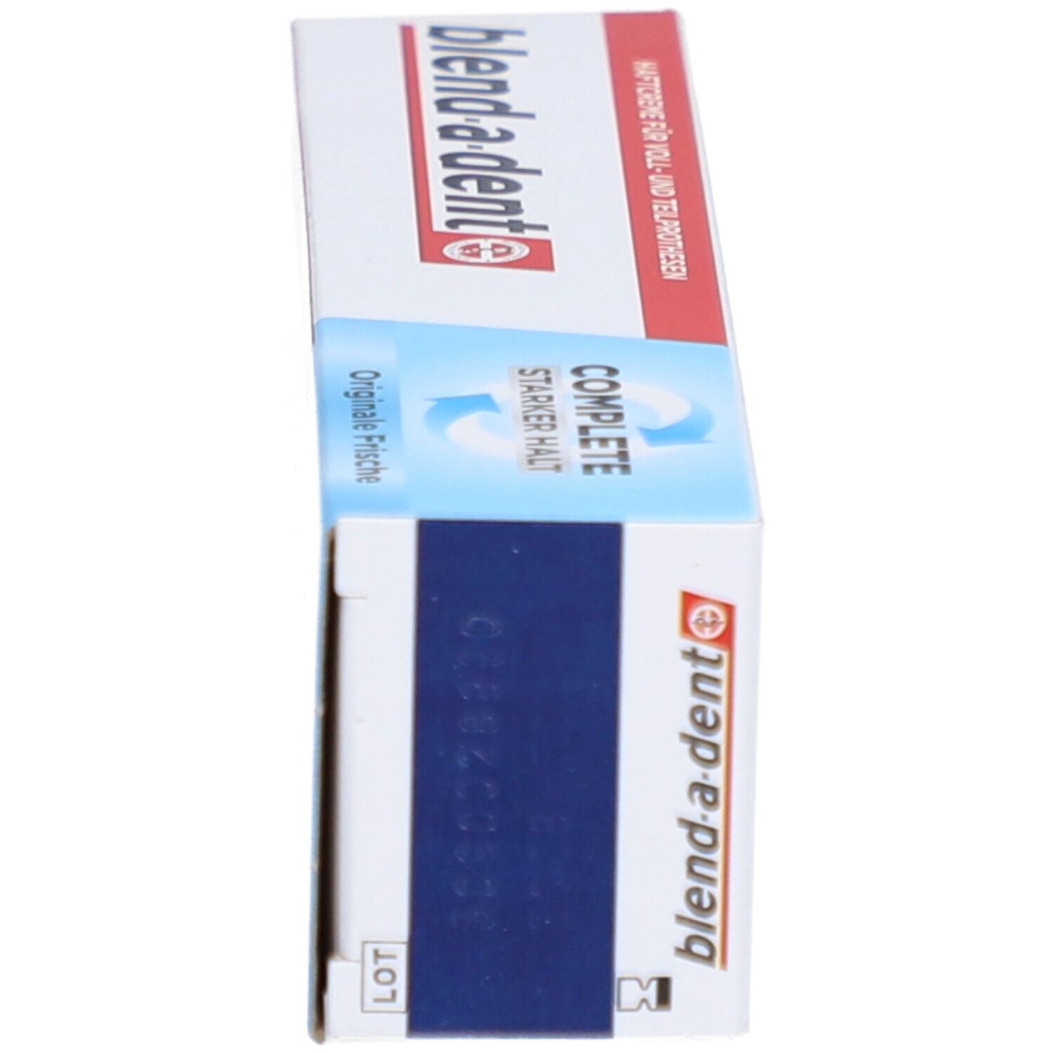 Haftcreme-Packung, Seitenansicht. Blau, weiß, rot. Text und Logo. "Haftcreme für Voll- und Teilprothesen".
