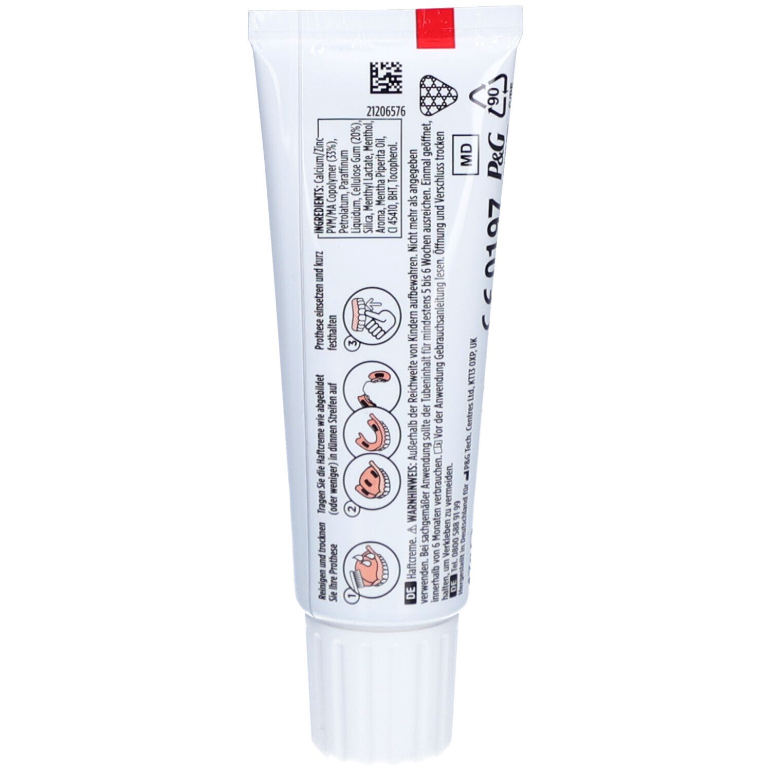 Rückseite der Zahnprothesen-Haftcreme-Tube. Enthält Inhaltsstoffe, Warnhinweise und Piktogramme. Weiß mit rotem Streifen.