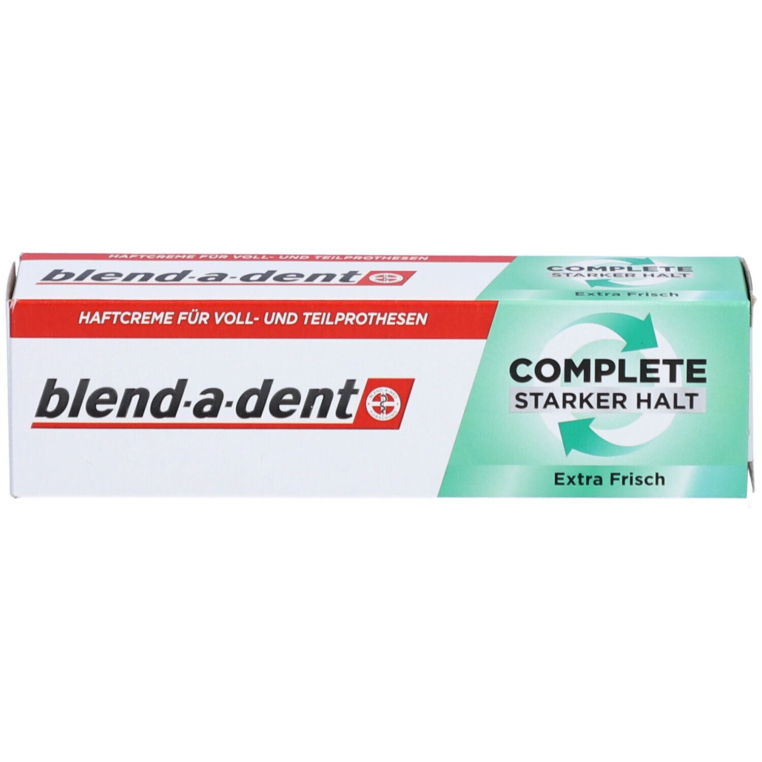 Schachtel für Zahnprothesen-Haftcreme. Weiß, grün-rot. Marke: blend-a-dent. Aufschrift: COMPLETE, Extra Frisch, Starker Halt.