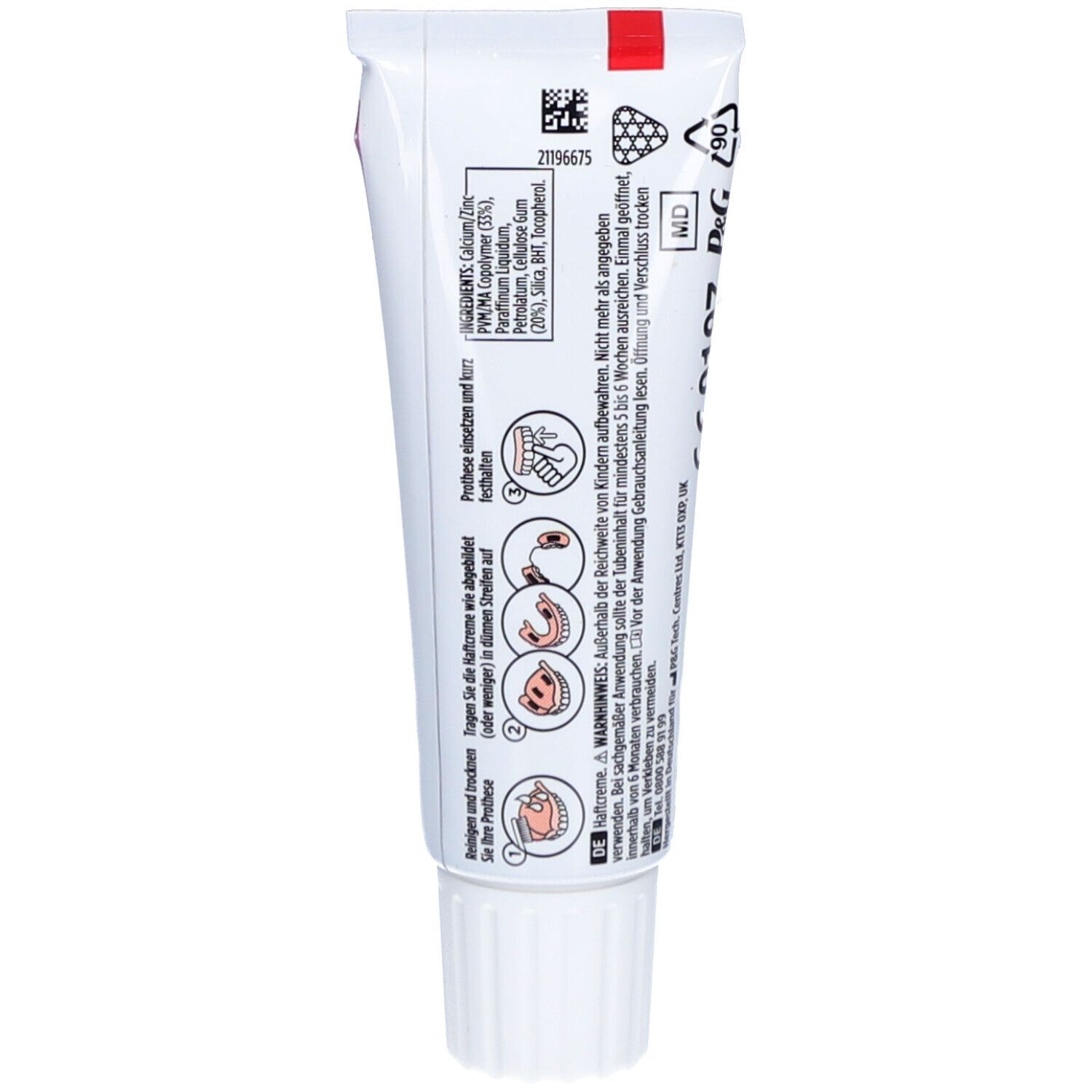 Rückseite der Zahncreme-Tube. Enthält Inhaltsstoffe, Warnhinweise und Anwendungshinweise. Weiß mit schwarzer Schrift.