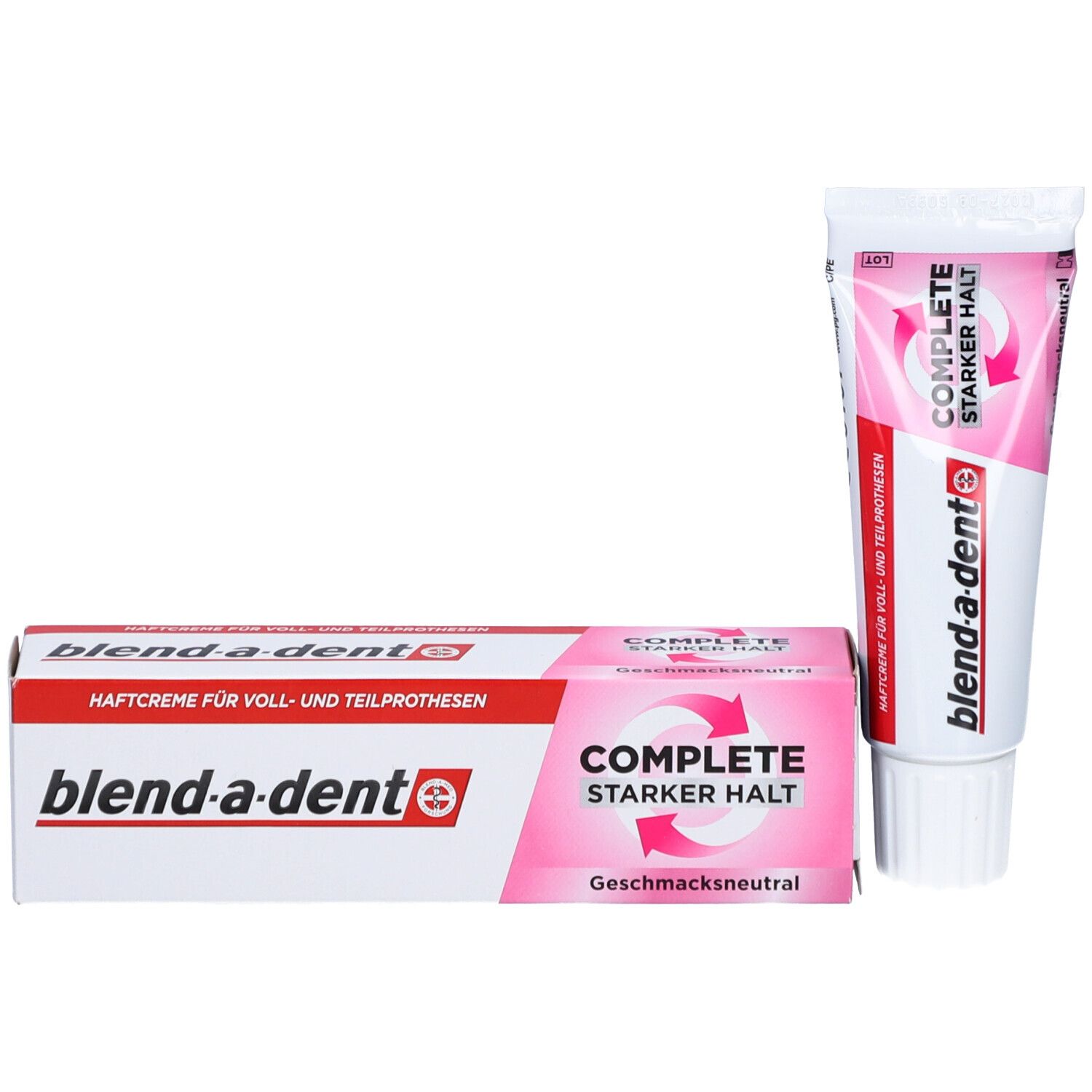 Verpackung und Tube "blend-a-dent COMPLETE". Box mit Produktnamen und Logo. Tube daneben. Rosa-weißes Design.