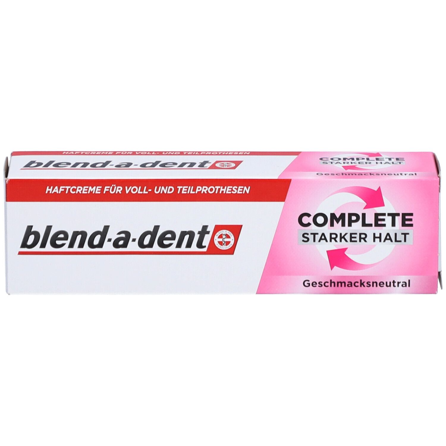Rechteckige Verpackung von "blend-a-dent COMPLETE". Produktname und Logo auf rosa-weißem Hintergrund. Geschmacksneutral.