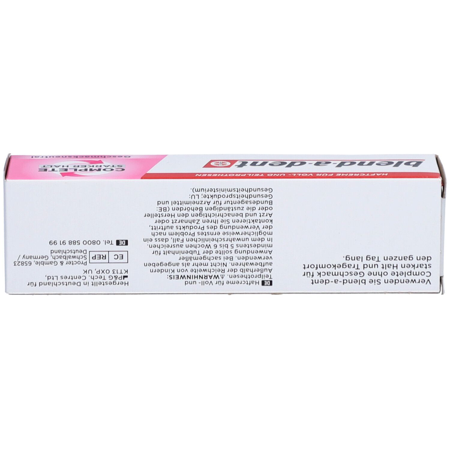 Verpackung von "blend-a-dent COMPLETE". Produktinformationen und Warnhinweise. Weiß mit roter und schwarzer Schrift.