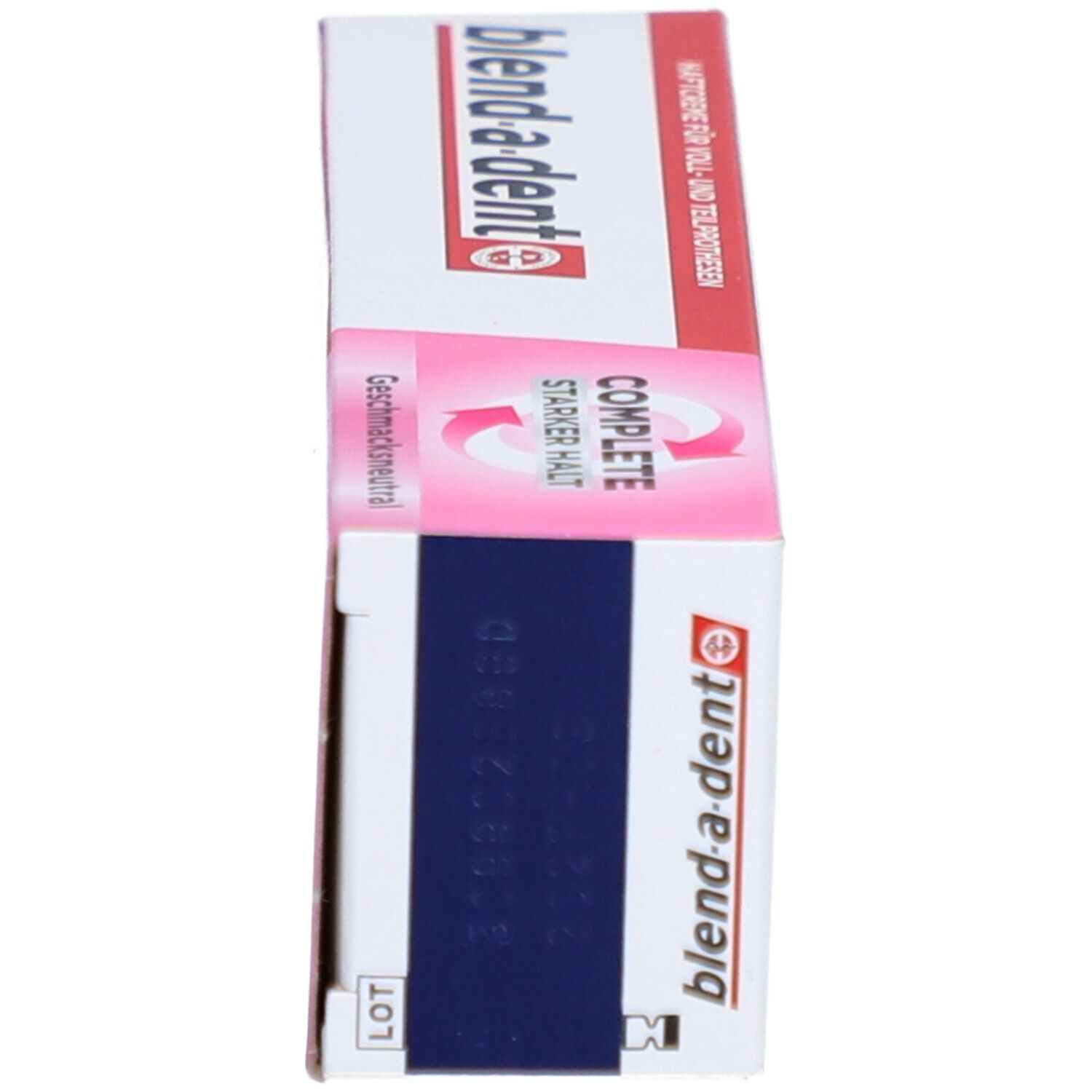 Seitenansicht der Verpackung von "blend-a-dent COMPLETE". Produktname und Logo. Rosa-weißes Design. Barcode.