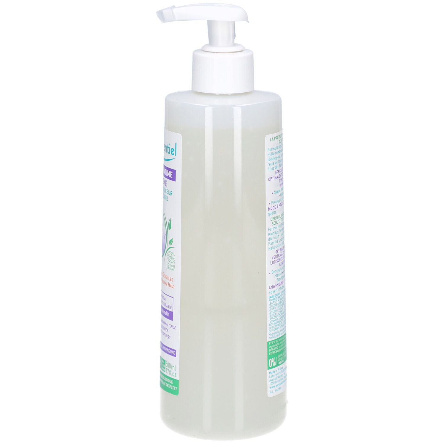 Flasche mit Pumpe, Seitenansicht. Aufschrift und Produktinformationen. Transparente Flüssigkeit sichtbar.