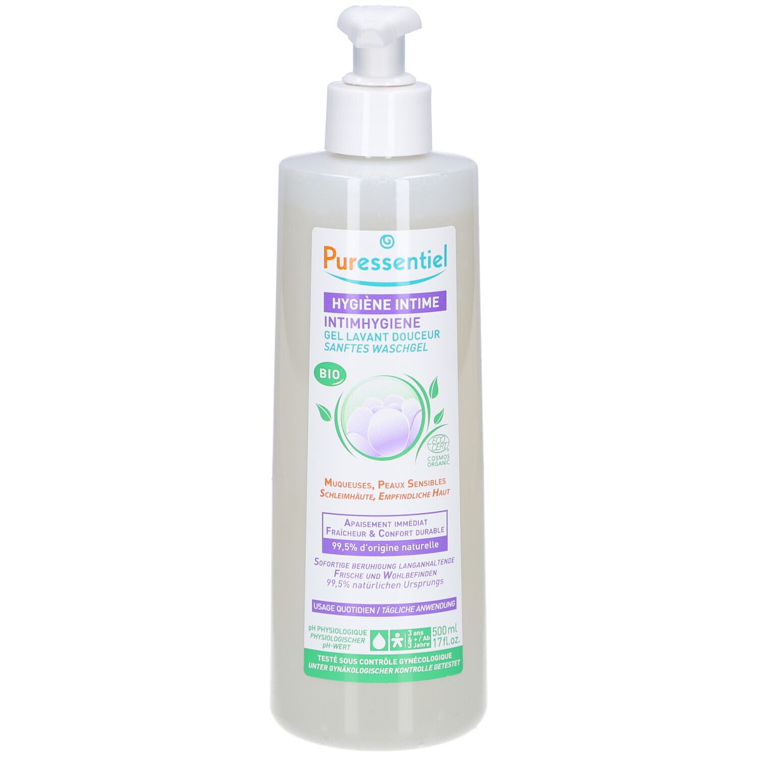 Flasche mit Pumpe. Aufschrift: PURESSENTIEL, Intimhygiene Gel. Bio-Zertifizierung. Produktabbildung mit floralem Motiv.