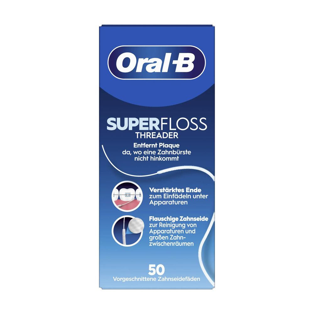 Blau-weiße Verpackung von Oral-B Superfloss Threader. Enthält 50 vorgeschnittene Zahnseidenfäden. Illustrationen von Zähnen und Zahnseide.