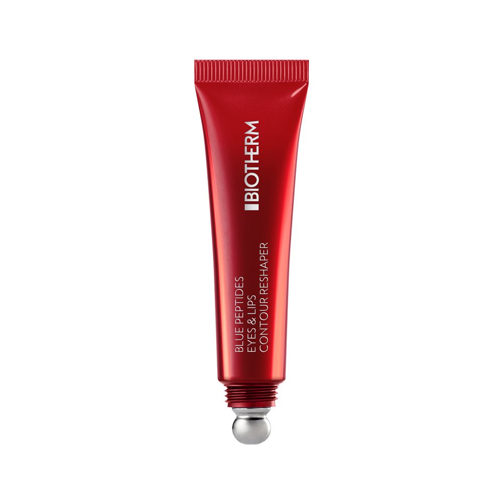 Rote Tube mit silbernem Applikator. BIOTHERM Blue Peptides Eyes & Lips Reshaper. Text auf der Tube.