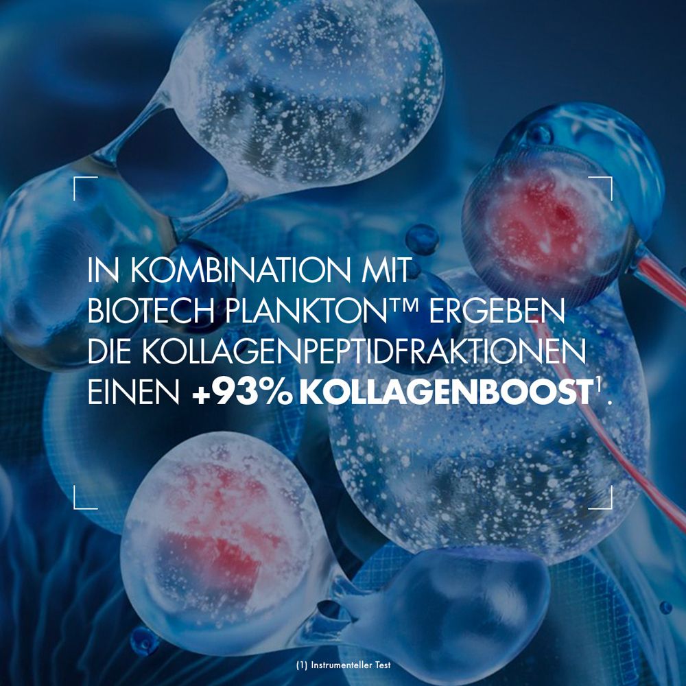 Grafik mit Blasen. Text: +93% Kollagenboost. BIOTHERM Logo. Text in deutscher Sprache.
