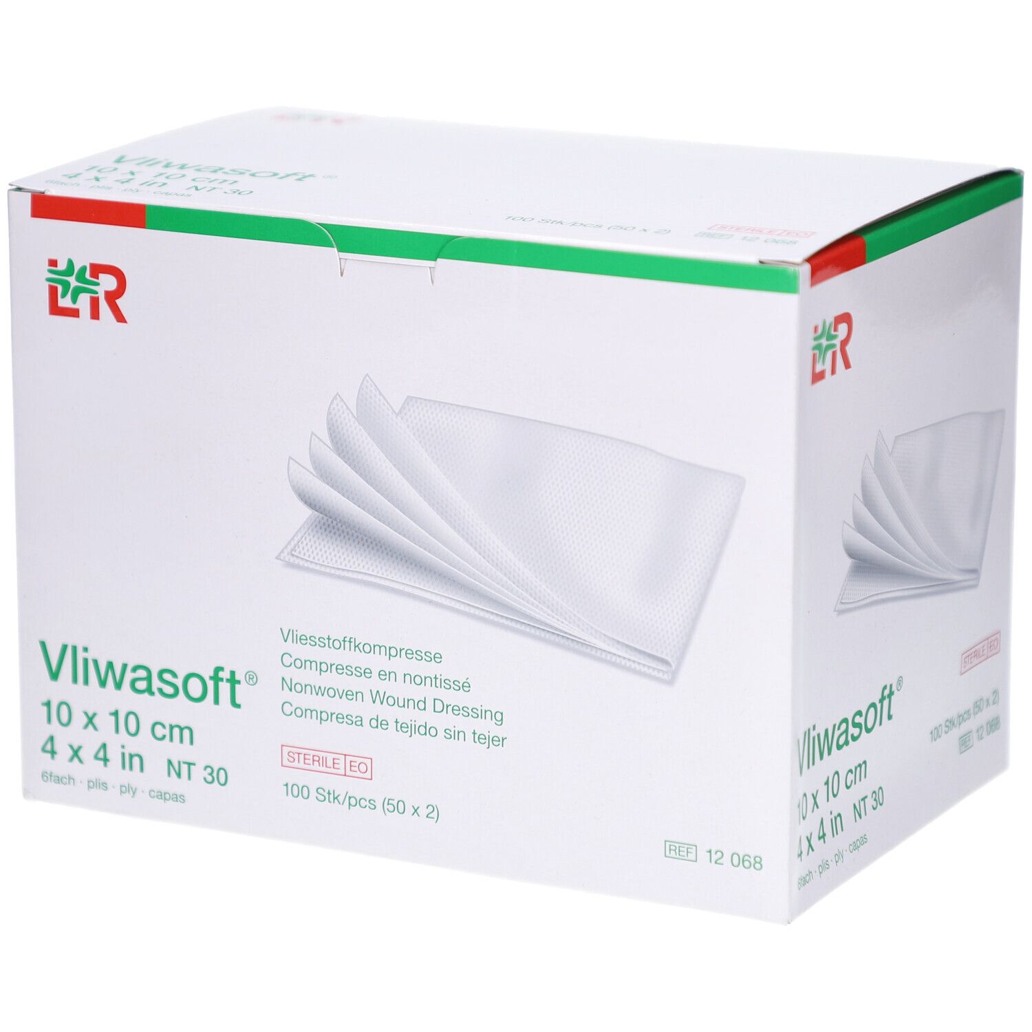 Vliwasoft Vliesstoffkompresse, 10 x 10 cm, steril. Weiße Kompressen in Verpackung. 100 Stück. Verpackung mit grünem und rotem Akzent.