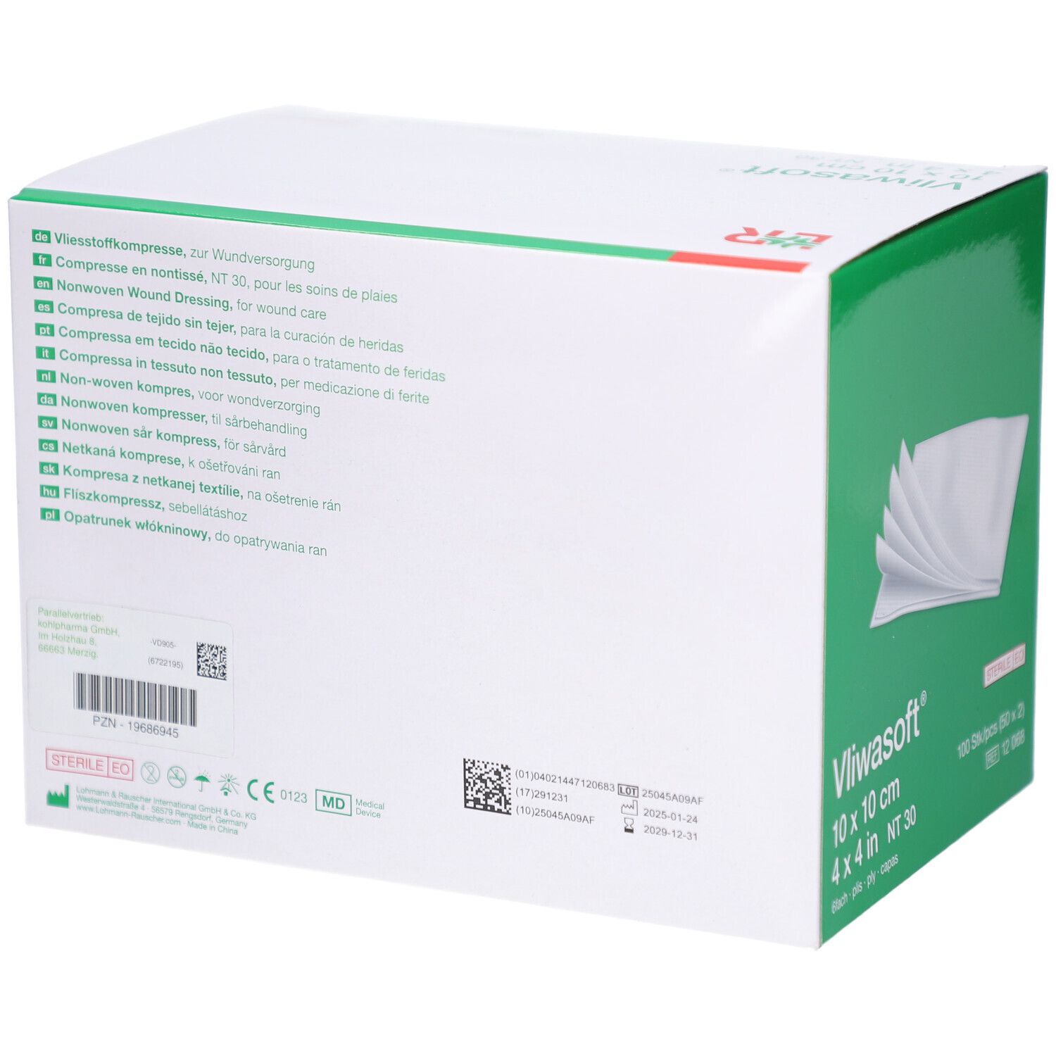 Rückseite der Vliwasoft Vliesstoffkompressen-Verpackung. Mehrsprachige Produktinformationen. Barcodes und Chargennummer.