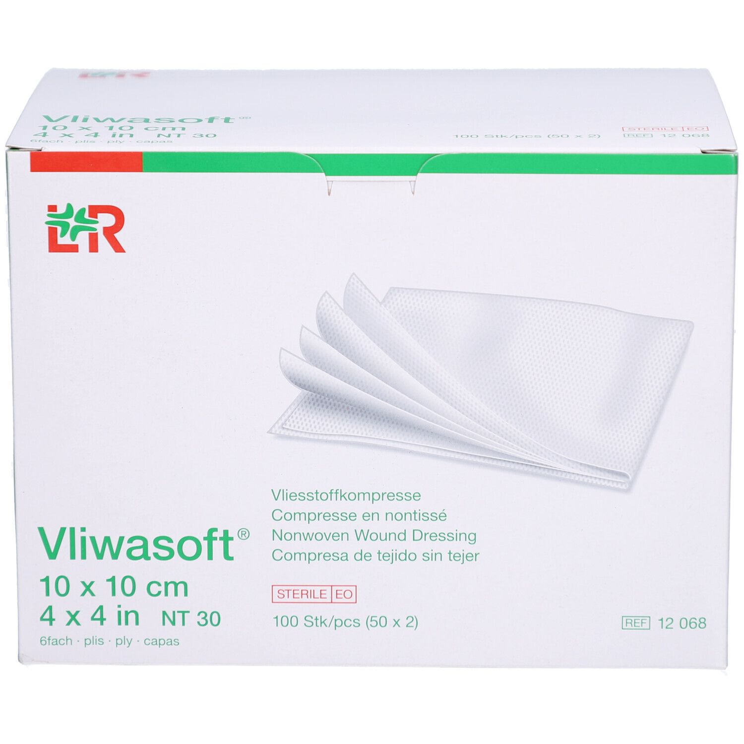 Vliwasoft Vliesstoffkompresse, 10 x 10 cm, steril. Weiße Kompressen in Verpackung. Verpackung mit weißem Hintergrund.