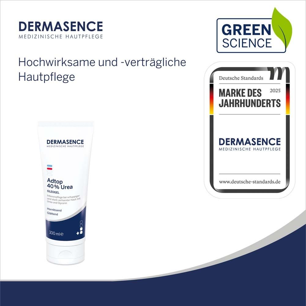 Weiße Tube Dermasence Adtop 40% Urea Oleogel. Logo, Auszeichnung 'Marke des Jahrhunderts'.