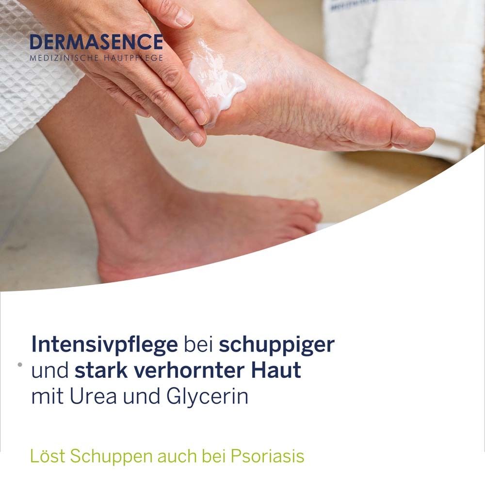 Fuß wird mit Creme eingerieben. Text: Intensivpflege bei schuppiger und stark verhornter Haut mit Urea und Glycerin.