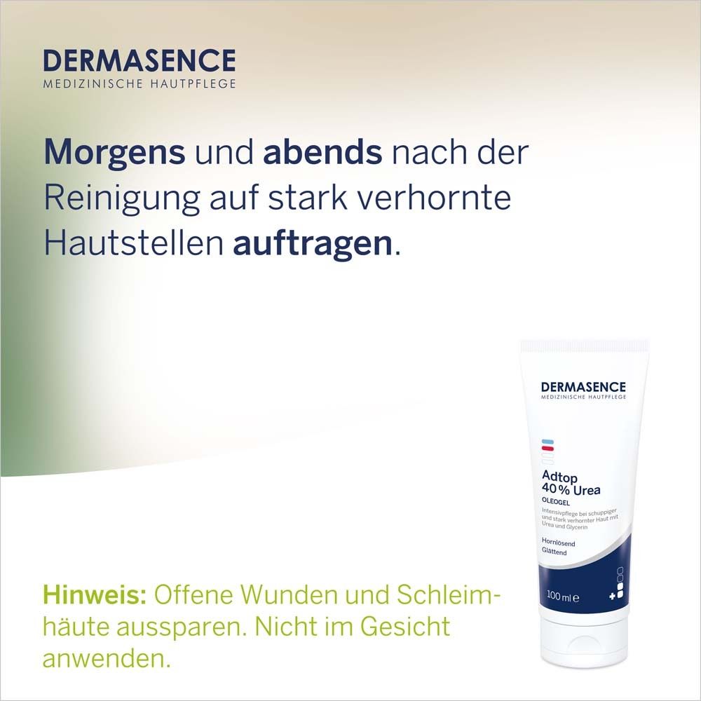 Weiße Tube Dermasence Adtop 40% Urea Oleogel. Text: Morgens und abends auf stark verhornte Hautstellen auftragen.