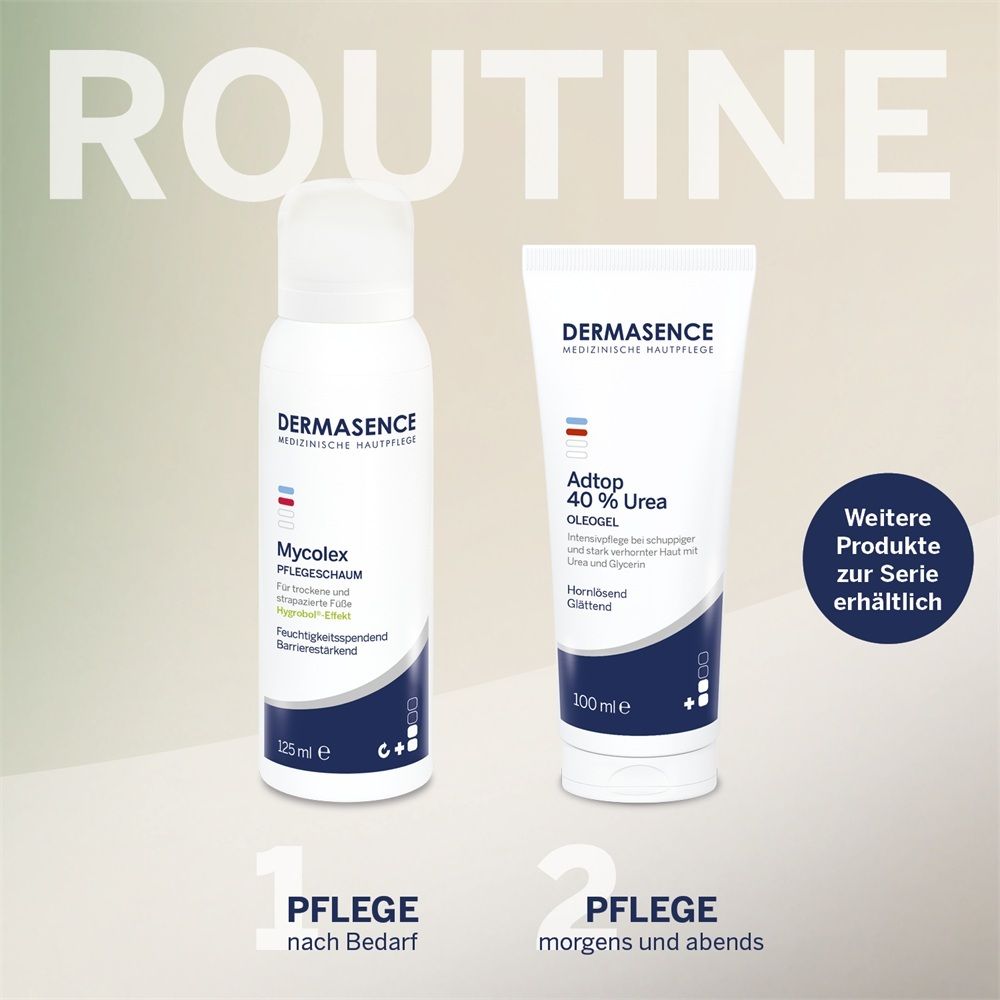 DERMASENCE Mycolex Pflegechaum 125ml und Aditop 40% Urea Oleogel 100ml. Routine: Pflege nach Bedarf, morgens und abends.