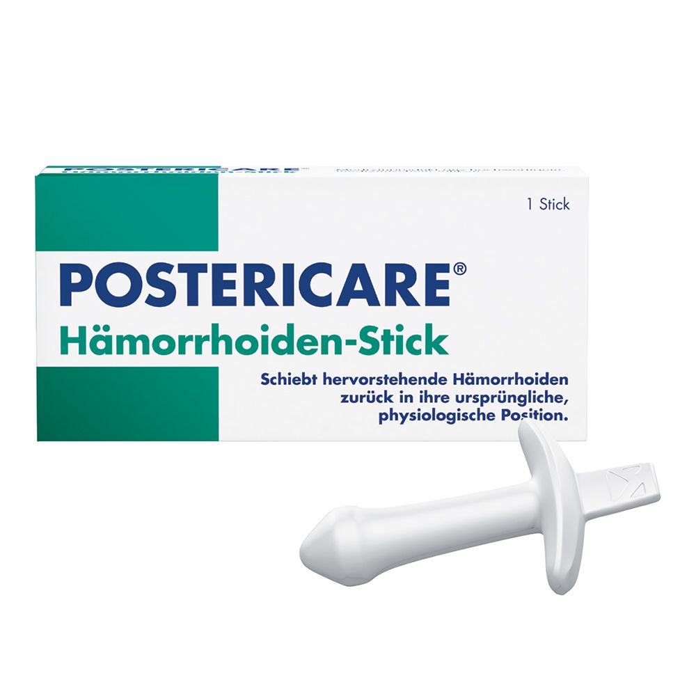 POSTERICARE Hämorrhoiden-Stick: Weißer Stick mit Griff und konischer Spitze, daneben die Verpackung.