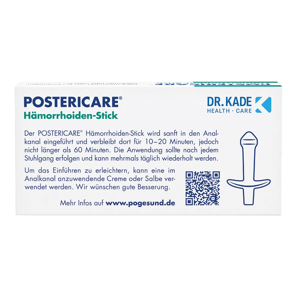 Rückseite der POSTERICARE Hämorrhoiden-Stick Verpackung mit Anwendungshinweisen und QR-Code.
