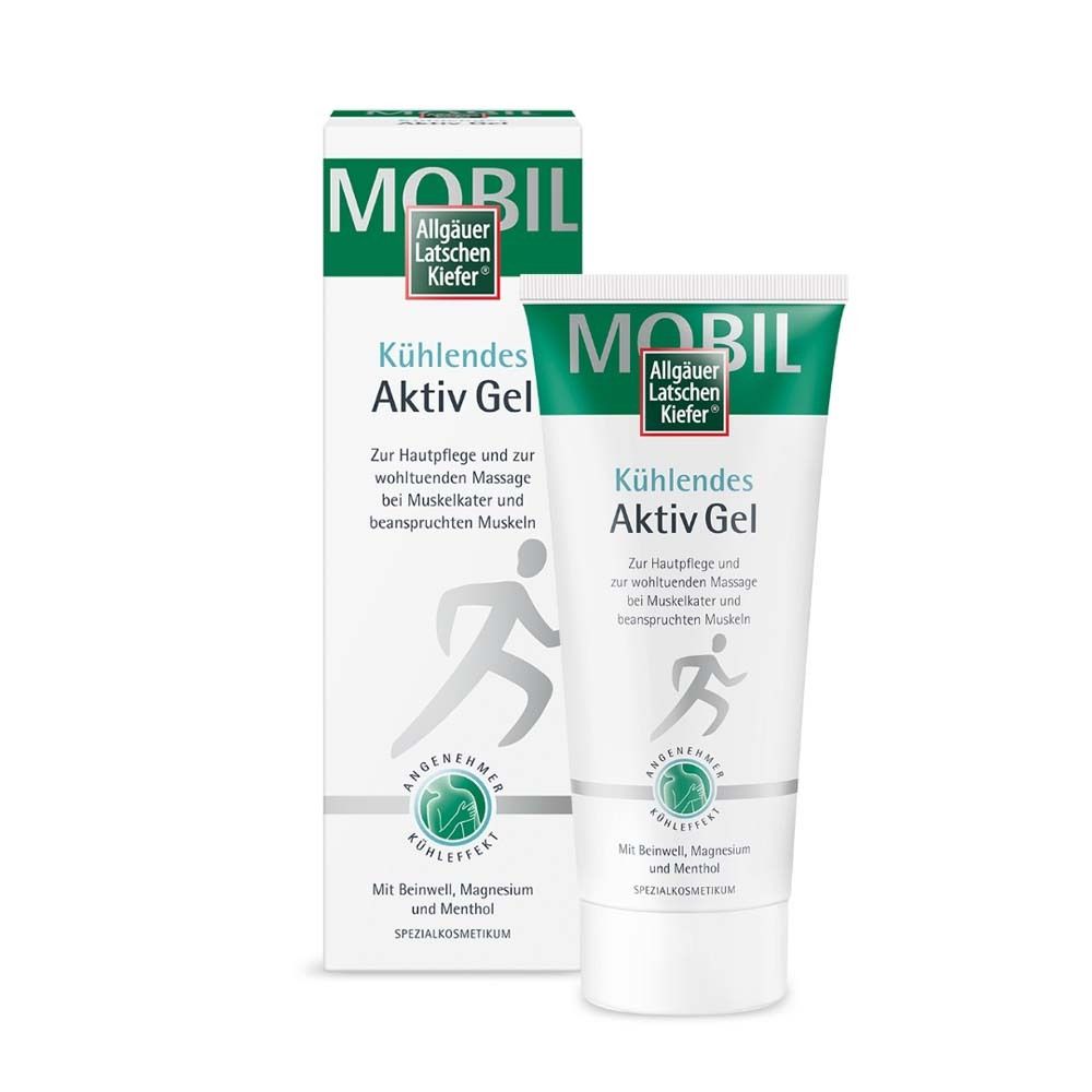 Weiß-grüne Tube und Verpackung. Aufschrift: MOBIL, Allgäuer Latschenkiefer, Kühlendes Aktiv Gel. Mit Menthol.