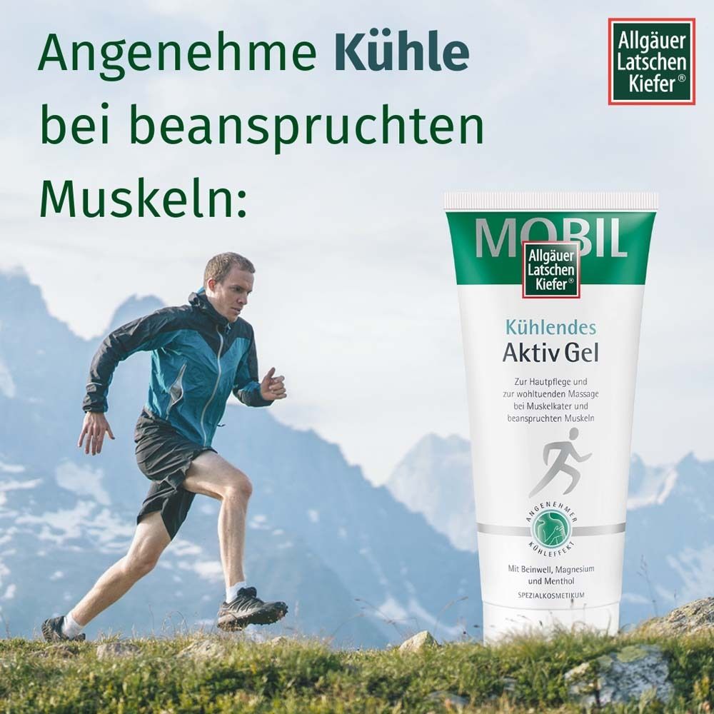 Mann beim Joggen. Im Hintergrund Berge. Rechts: Tube Kühlendes Aktiv Gel. Marke MOBIL, Allgäuer Latschenkiefer.