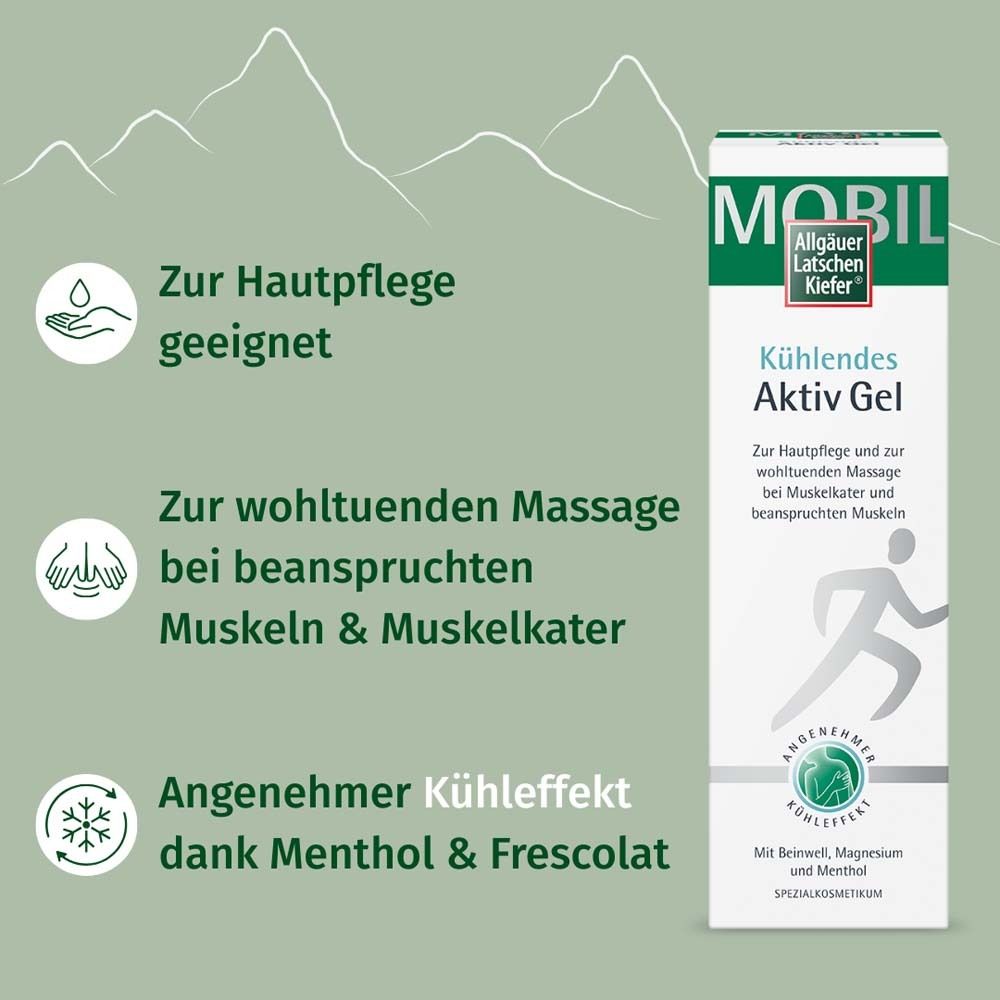 Weiß-grüne Verpackung. Aufschrift: Kühlendes Aktiv Gel. Geeignet für Hautpflege und wohltuende Massage. Menthol.