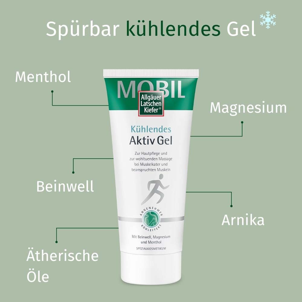 Tube Kühlendes Aktiv Gel. Inhaltsstoffe: Menthol, Magnesium, Beinwell, Arnika, ätherische Öle. Grün-weißer Hintergrund.