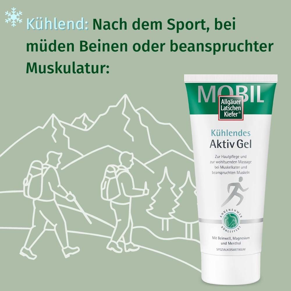 Wanderer und Berge. Rechts: Tube Kühlendes Aktiv Gel. Marke MOBIL, Allgäuer Latschenkiefer. Text.