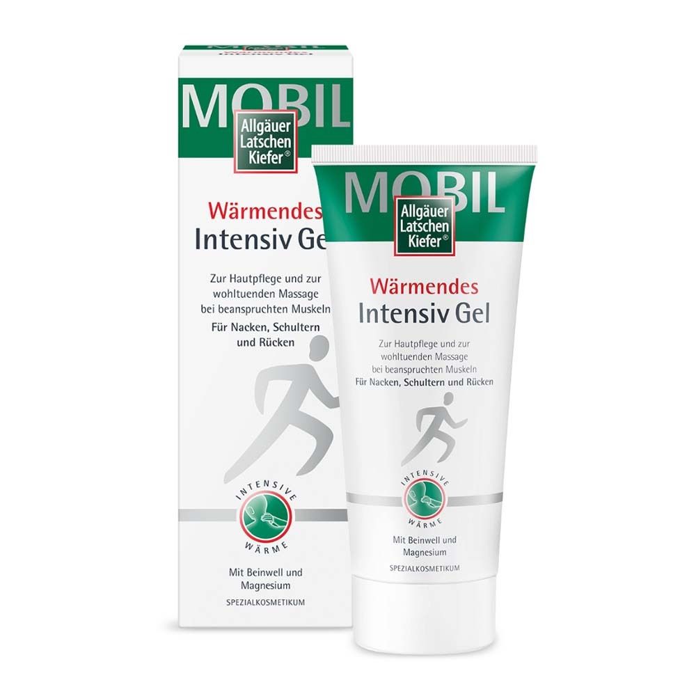 Tube und Verpackung von Allgäuer Latschenkiefer Wärmendes Intensiv Gel. Weiß, grün, mit Text und Logo.