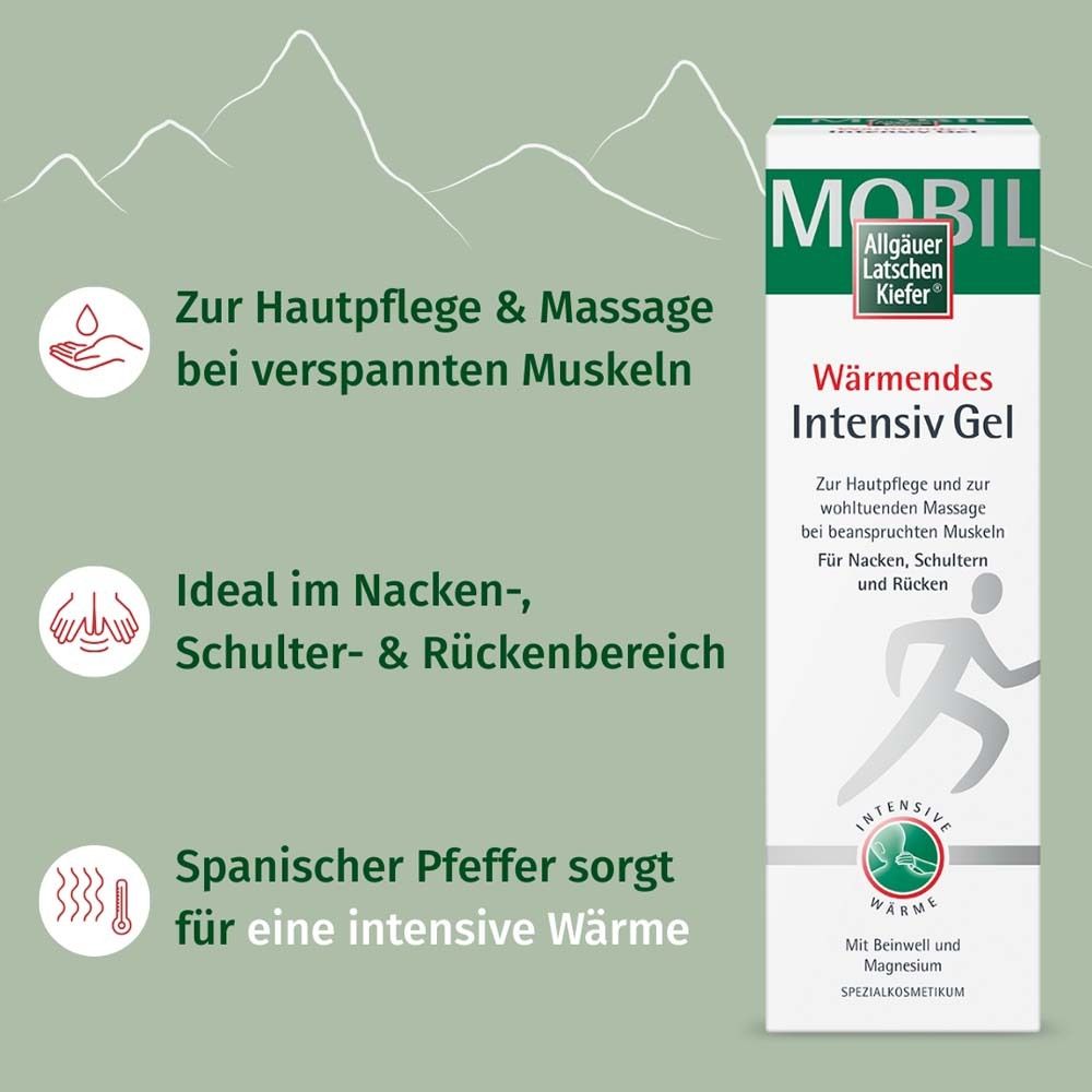 Grafik mit Produktinformationen. Tube Allgäuer Latschenkiefer Wärmendes Intensiv Gel. Text, Icons.
