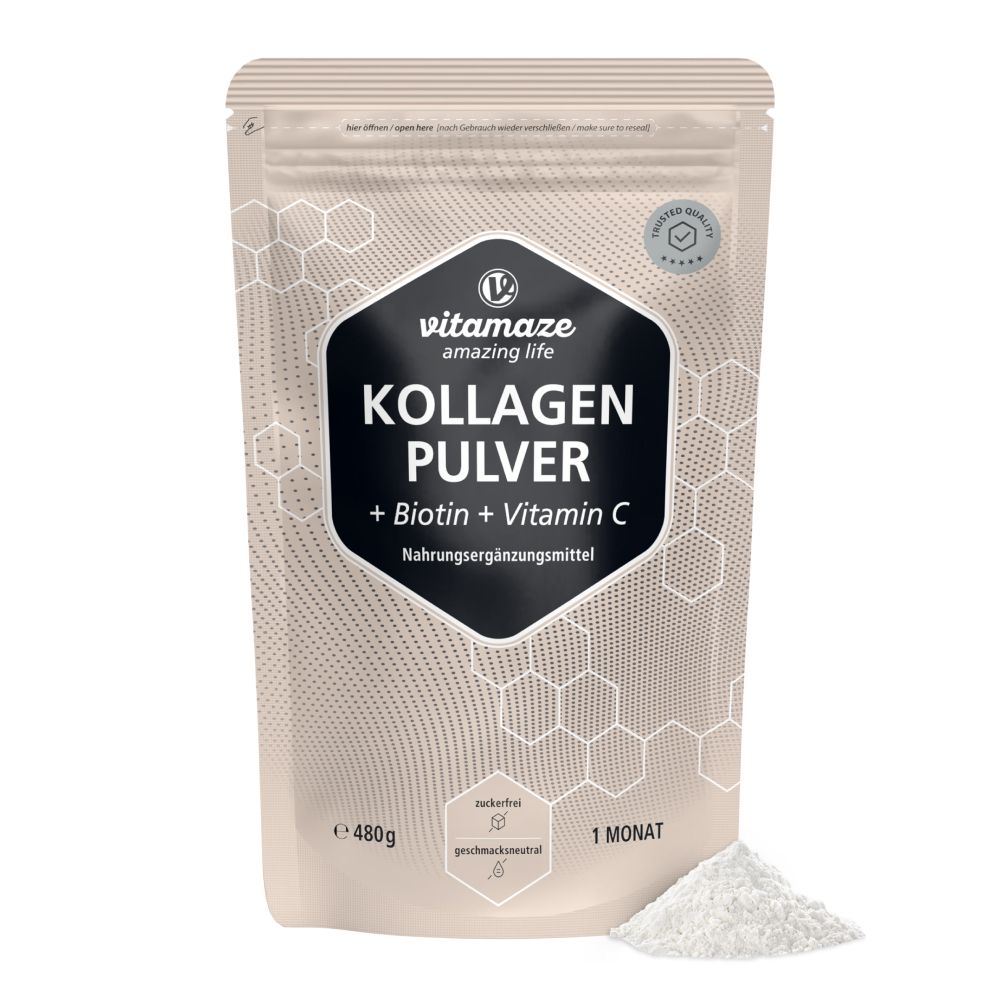 Beutel mit Kollagen Pulver + Biotin + Vitamin C. Marke Vitamaze. 480g, 1 Monat. Geschmacksneutral.