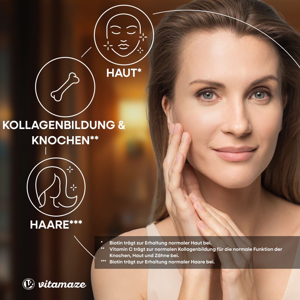 Frau berührt ihr Gesicht. Infografik zu Kollagenbildung & Knochen, Haut und Haare. Marke Vitamaze.
