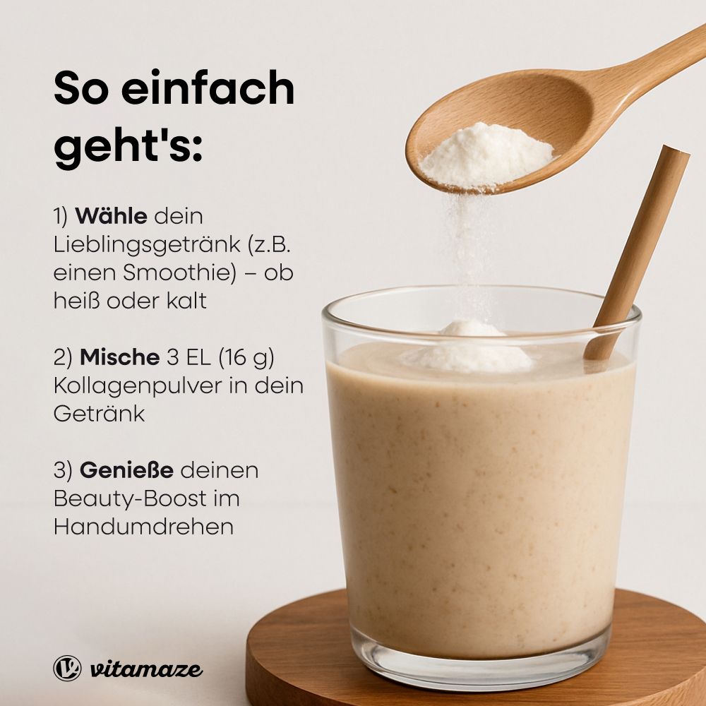 Anleitung: Kollagen Pulver in Getränk mischen. Glas mit Getränk und Pulver. Marke Vitamaze.