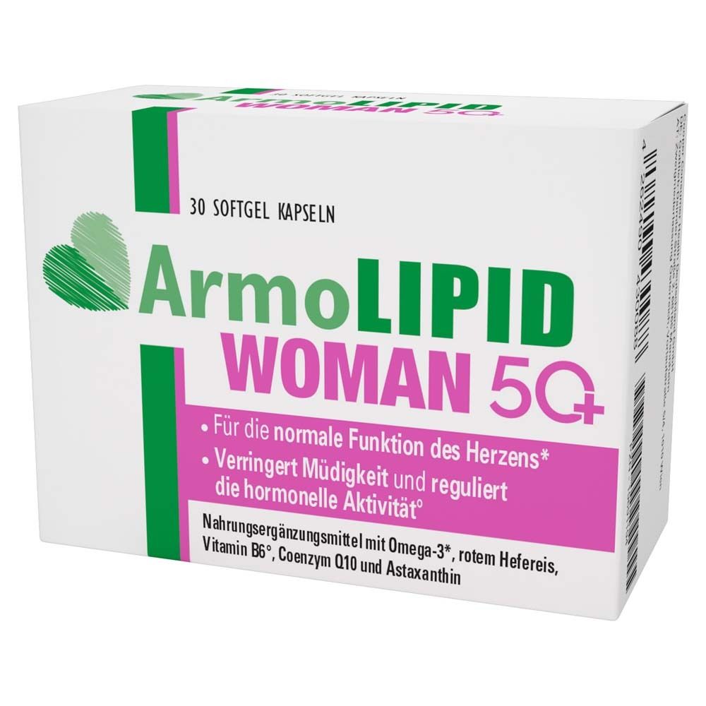 Weißer Karton mit grünem und pinkfarbenem Design. Aufschrift: ArmoLIPID WOMAN 50+. Enthält 30 Softgel-Kapseln. Text in deutscher Sprache.