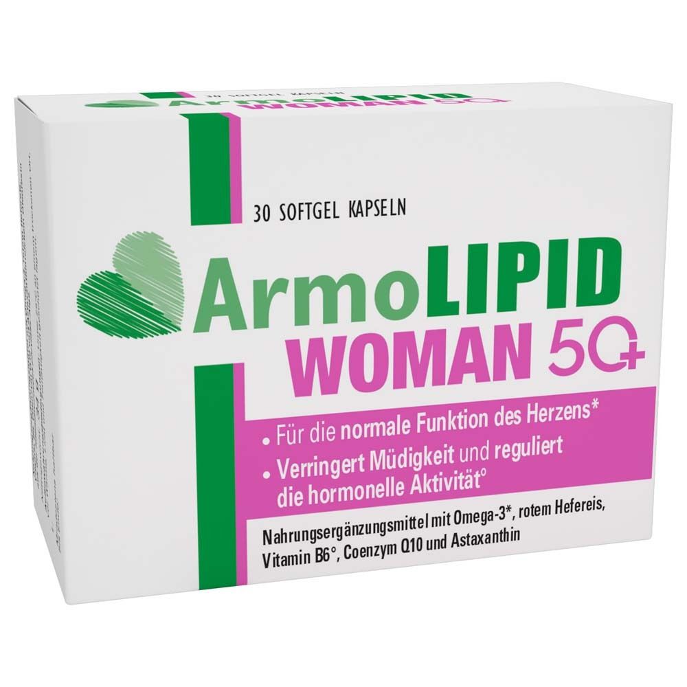 Weißer Karton mit grünem und pinkfarbenem Design. Aufschrift: ArmoLIPID WOMAN 50+. Enthält 30 Softgel-Kapseln. Text in deutscher Sprache.