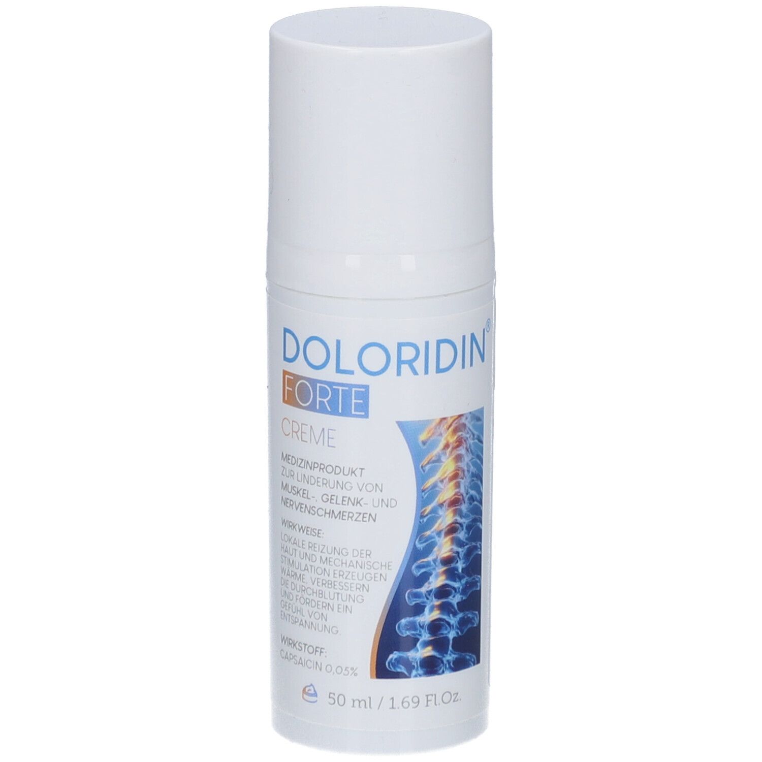 Weiße Creme-Tube mit blauem Wirbelsäulen-Design. Produktname und Text auf Deutsch. Deckel oben. 50 ml.