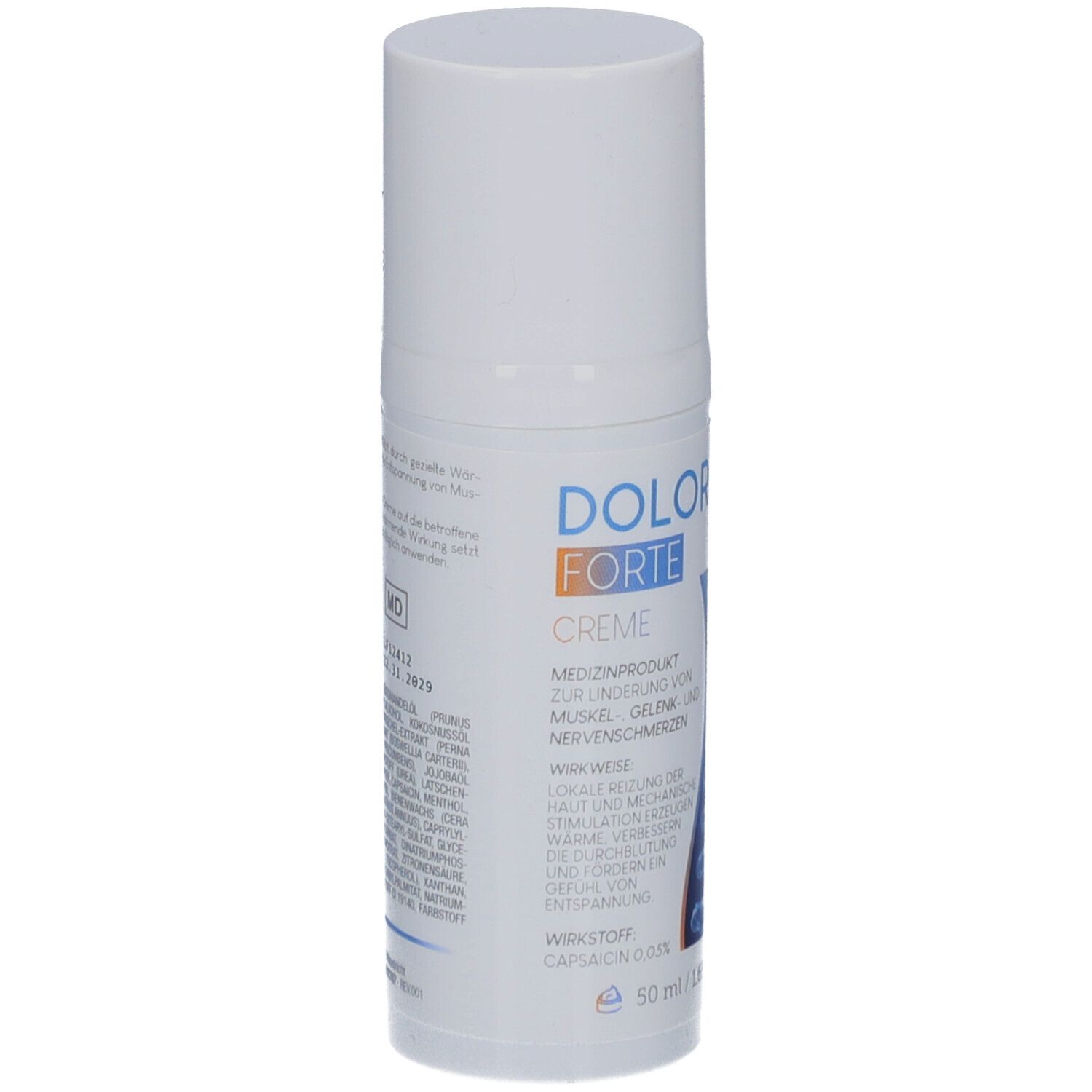 Weiße Creme-Tube mit blauem Wirbelsäulen-Design. Produktname und Text auf Deutsch. Deckel oben. 50 ml.