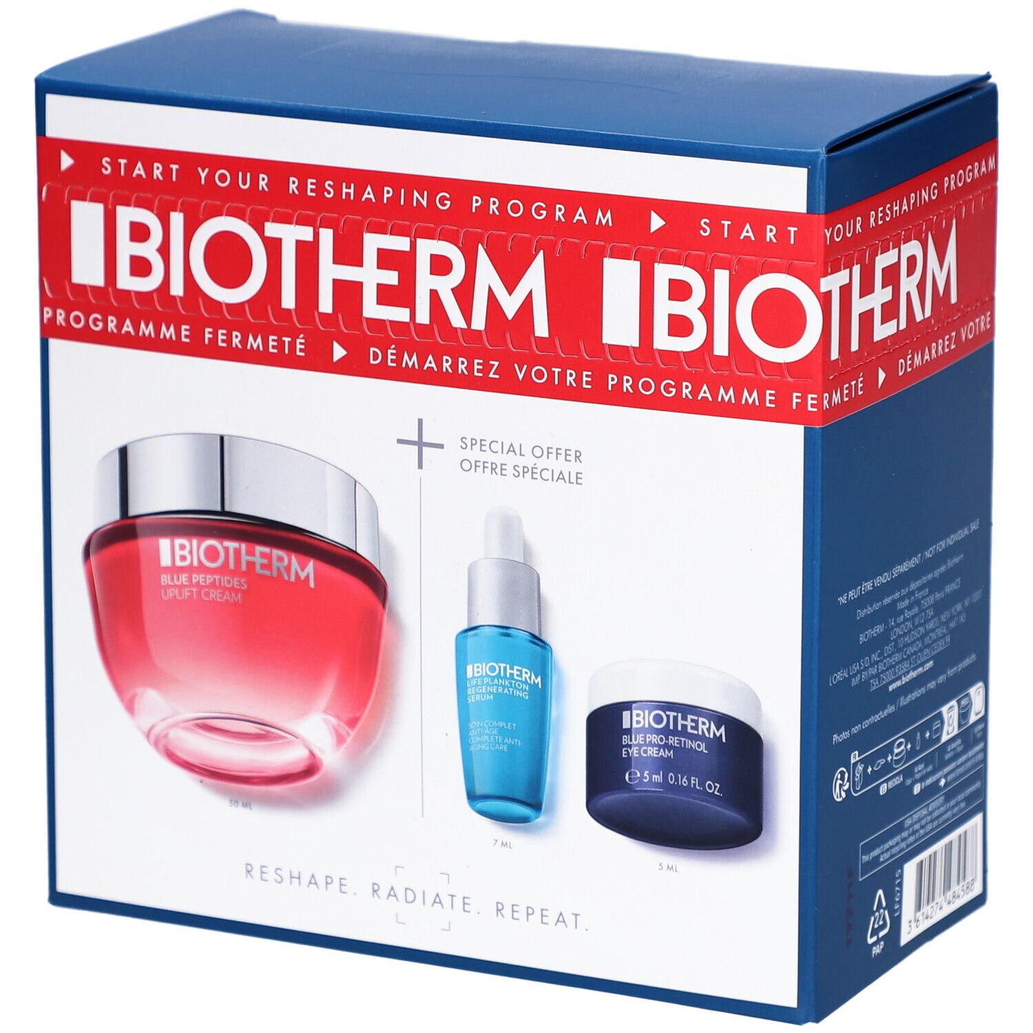 Blau-rotes Set mit drei Kosmetikprodukten. BIOTHERM-Logo und Produktnamen sichtbar. Verpackung mit roter und blauer Schrift.